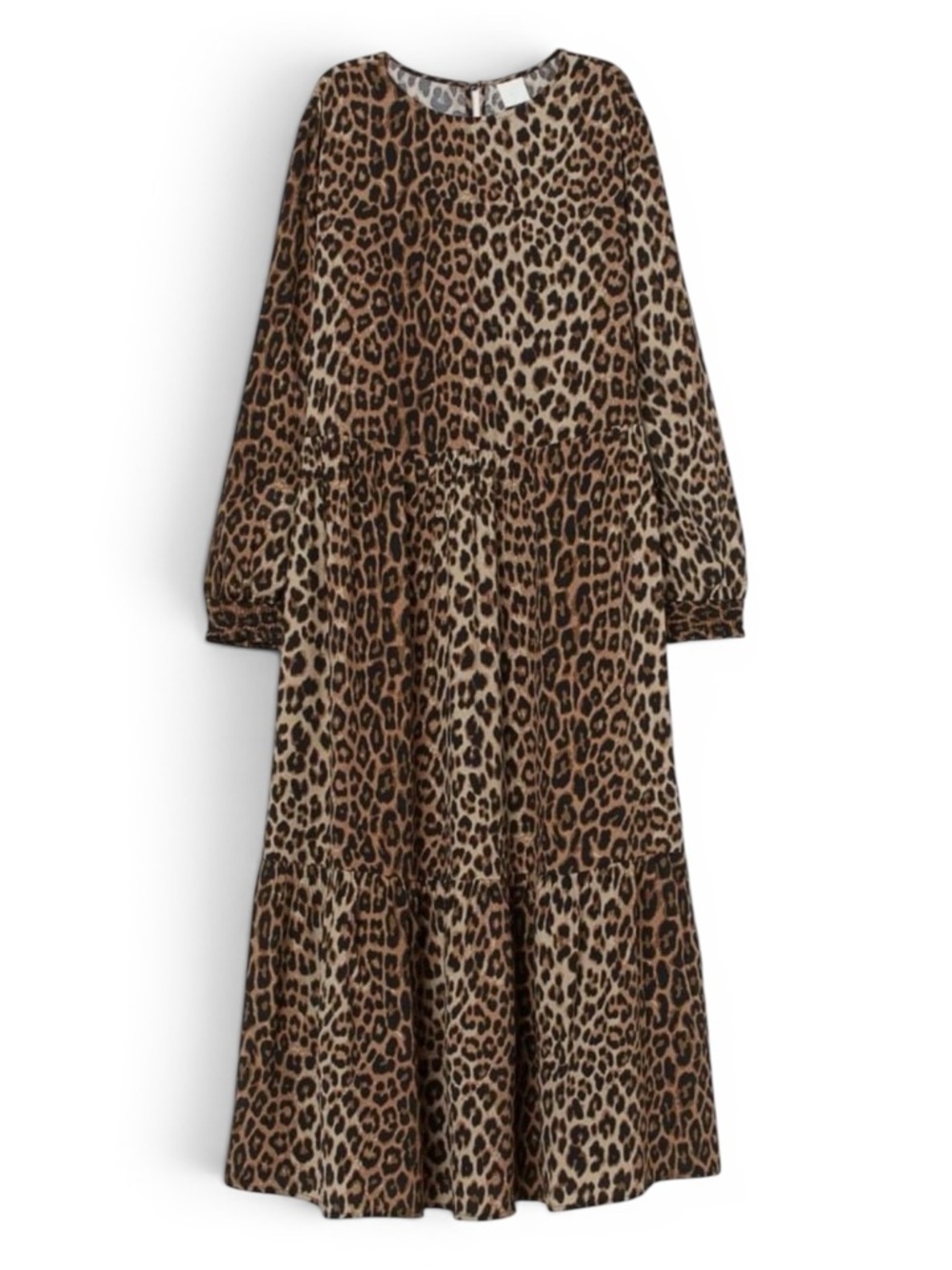 H&M Leopard Print Maxi Dress with Long Sleeves Size 2XL Tiered Ruffles Viscose
